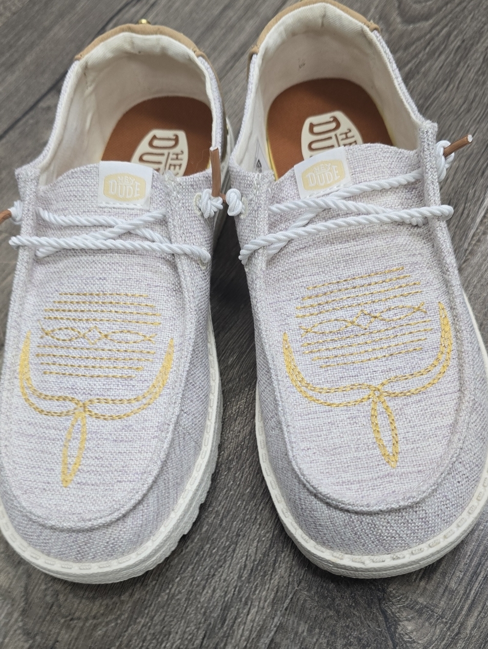 Hey Dude Women's Light Gray & Gold Embroidered Woven Slip-On Sneakers